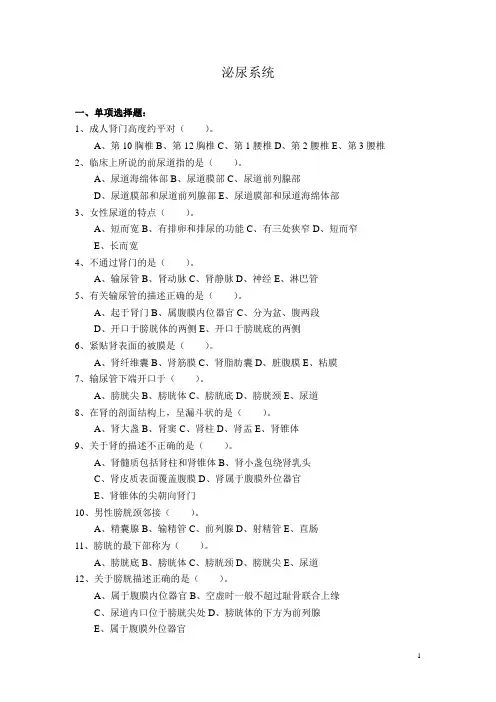 人体解剖与组织胚胎学试题：泌尿系统