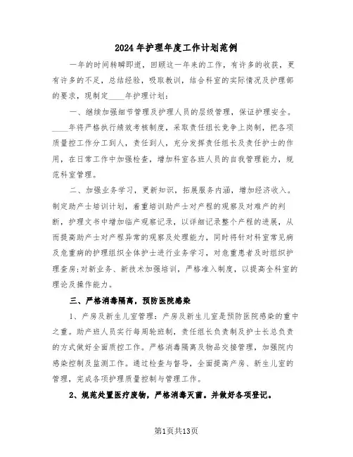 2024年护理年度工作计划范例(5篇)