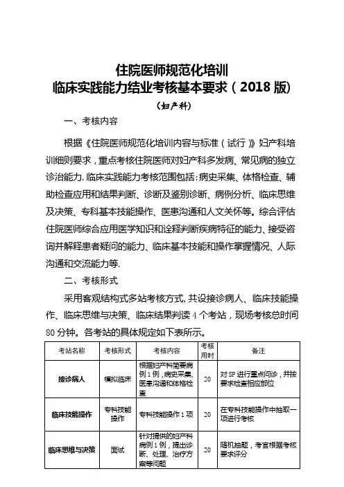 妇产科住院医师规范化培训技能考核内容