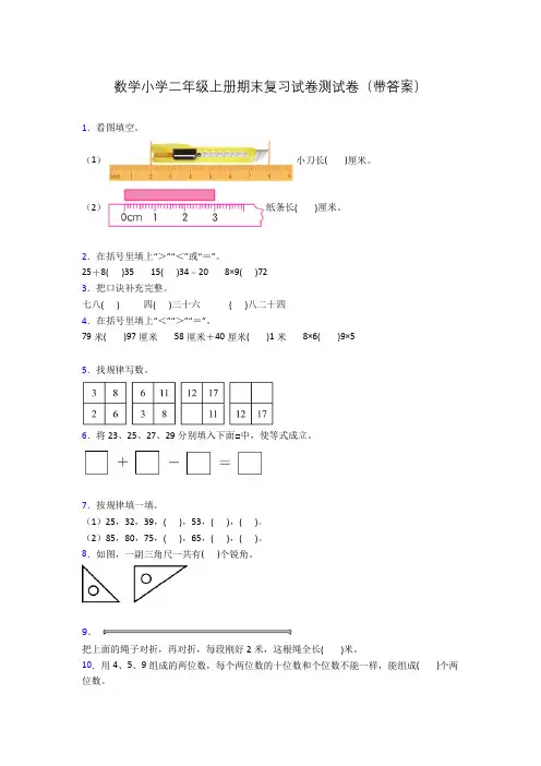 数学小学二年级上册期末复习试卷测试卷(带答案)