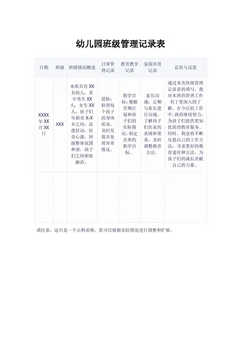 幼儿园班级管理记录表