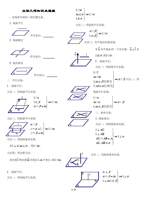 文科立体几何知识点、方法总结高三复习 (1)