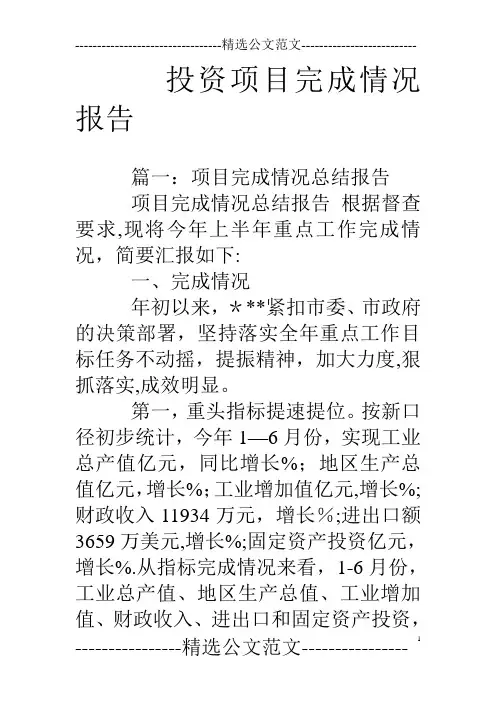 投资项目完成情况报告