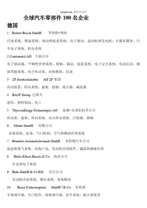 全球零部件企业100强