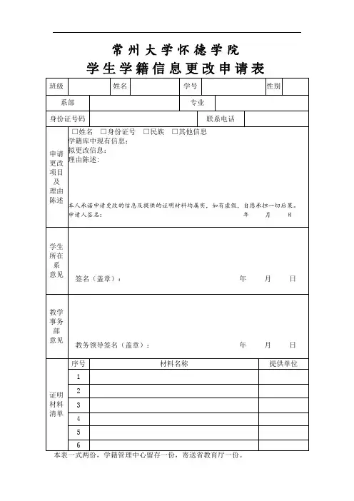 常州大学怀德学院 学生学籍信息更改申请表