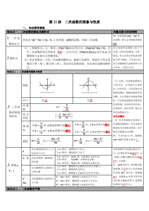 北师大版九年级数学下册 第12讲 二次函数的图象与性质 知识点梳理