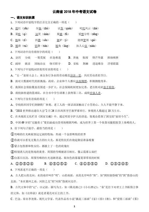 云南省2018年中考语文真题试卷(含答案)