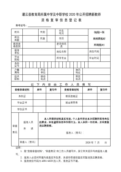 灌云县教育局所属中学及中职学校2020年公开招聘新教师资格复审信息登记表【模板】