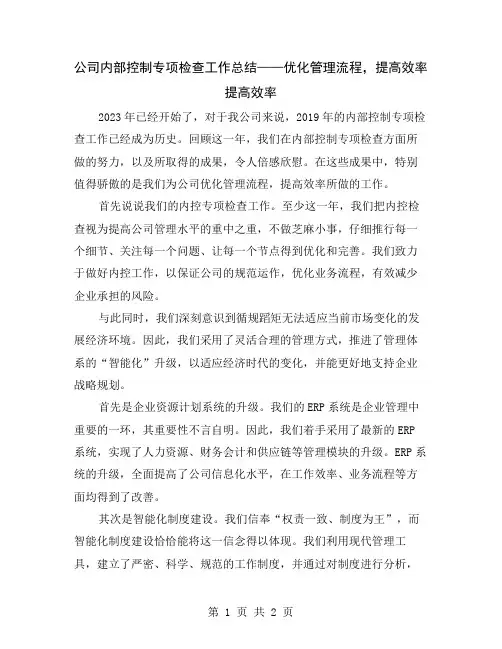 公司内部控制专项检查工作总结——优化管理流程,提高效率