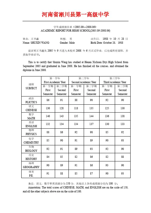 高中三年成绩单 王书鑫
