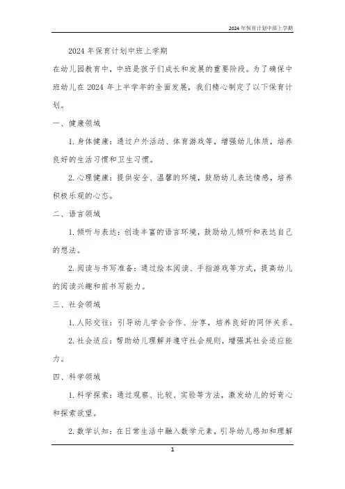 2024年保育计划中班上学期