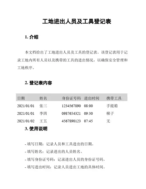 工地进出人员及工具登记表