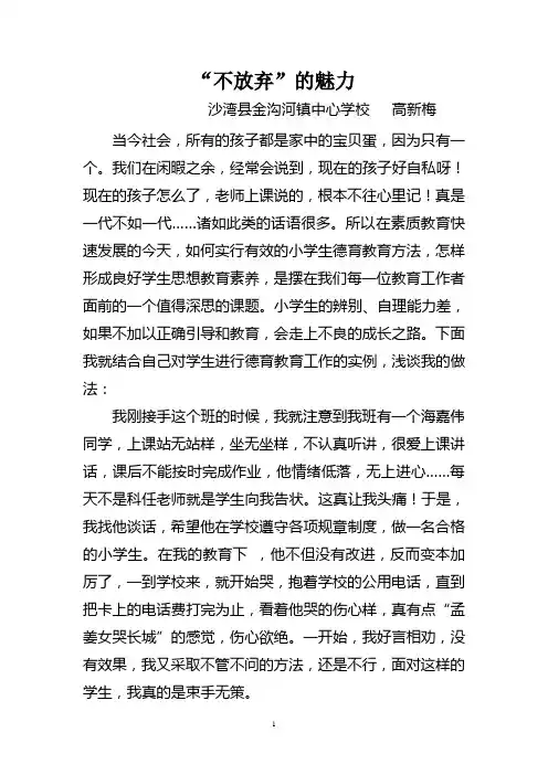 班主任德育教育案例-“不放弃”的魅力-沙湾县金沟河镇中心学校-高新梅2013-4