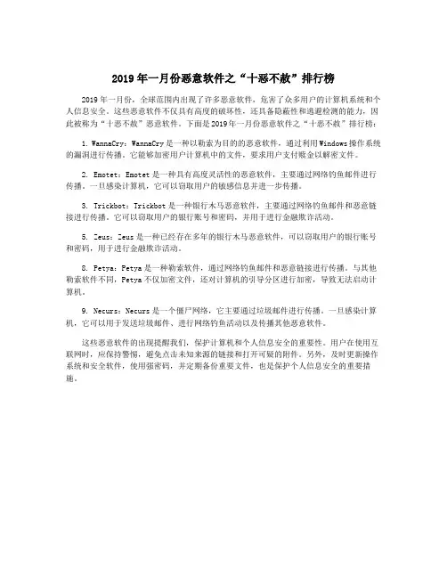 2019年一月份恶意软件之“十恶不赦”排行榜