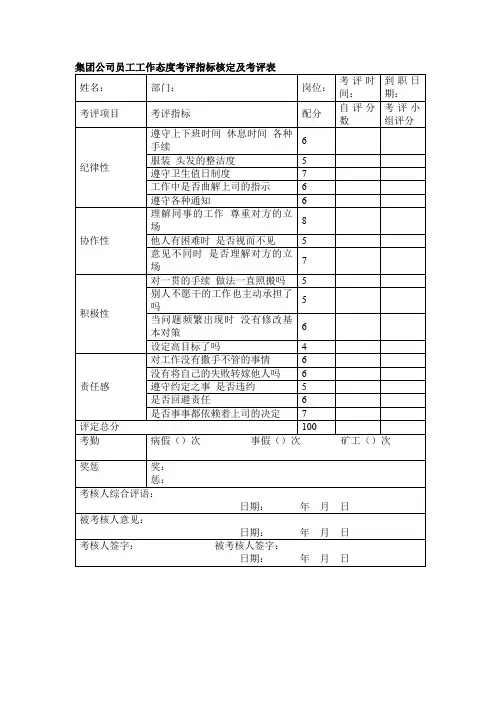 集团公司员工工作态度考评指标核定及考评表