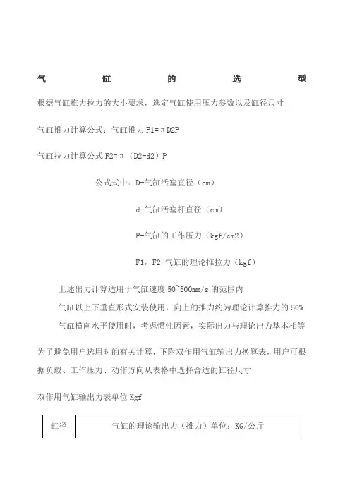 气缸输出力表