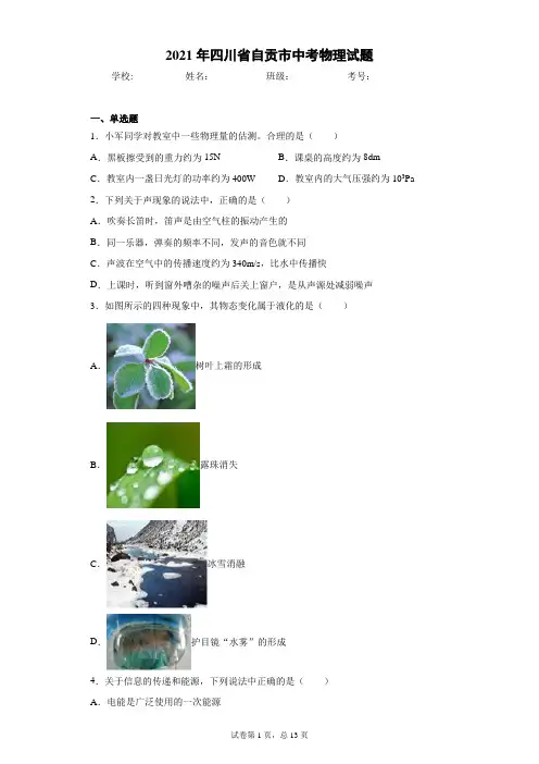 2021年四川省自贡市中考物理试题(含答案解析)