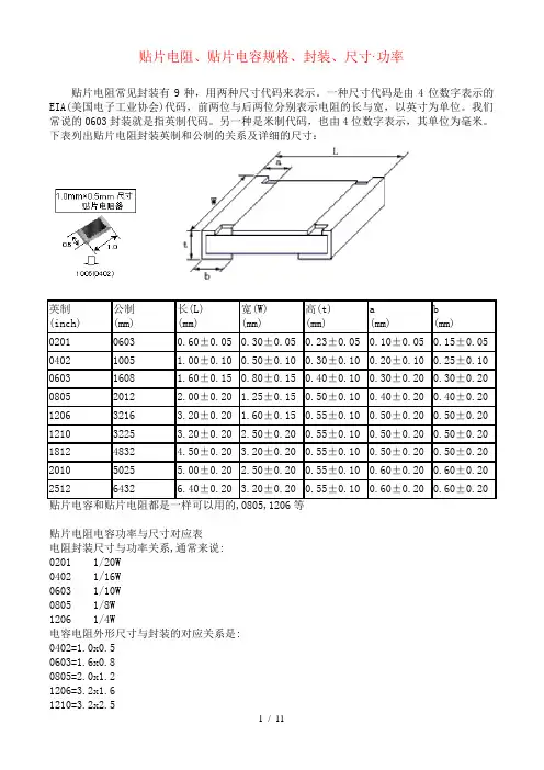 贴片电阻、贴片电容规格、封装、尺寸