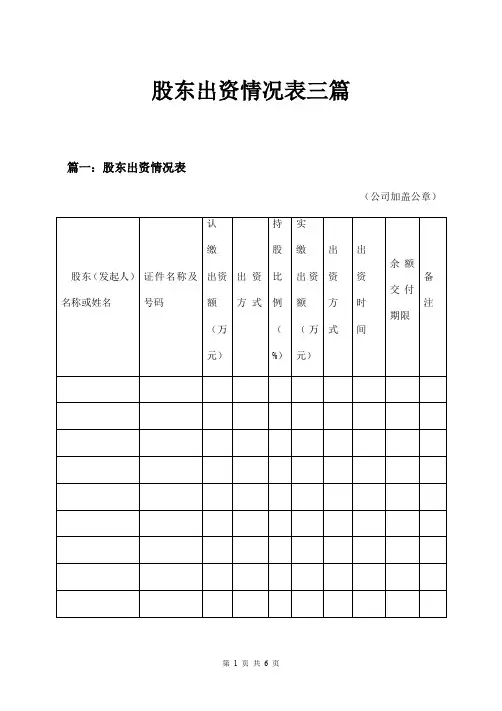 股东出资情况表三篇