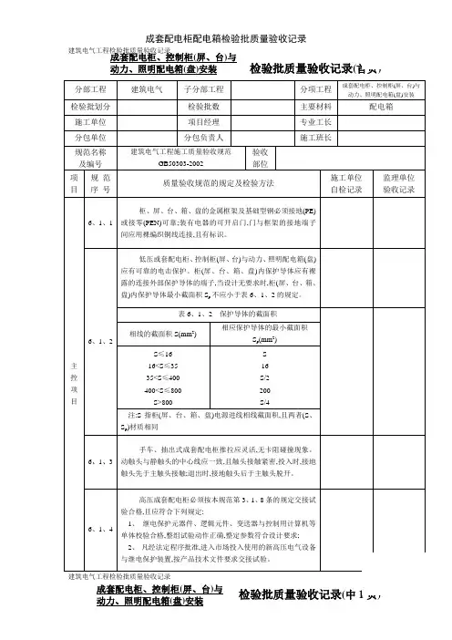 成套配电柜配电箱检验批质量验收记录