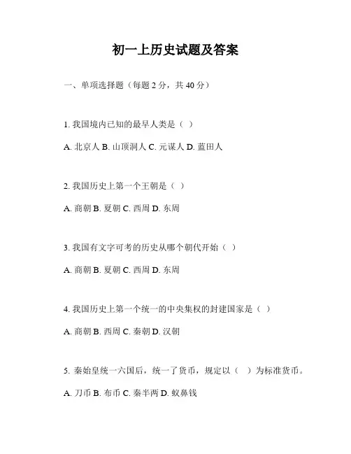 初一上历史试题及答案