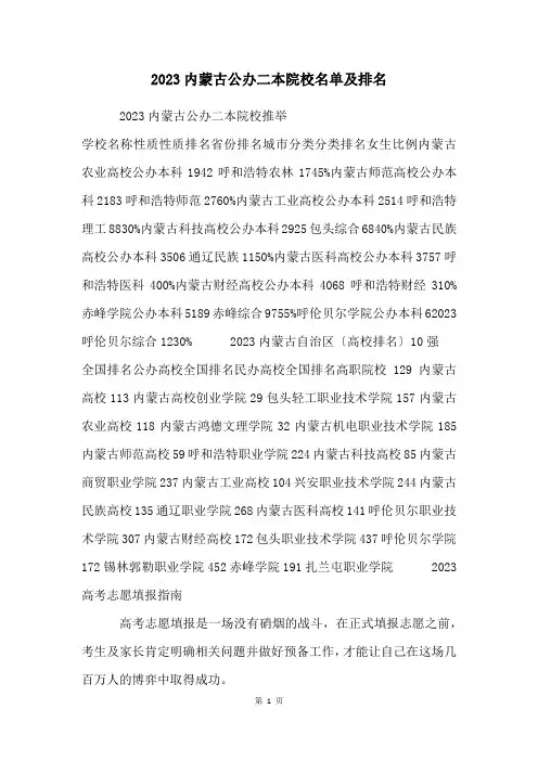 2023内蒙古公办二本院校名单及排名