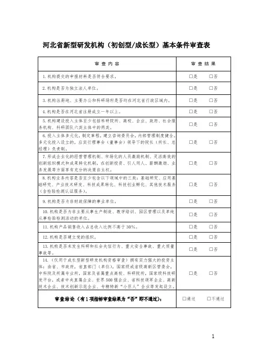 河北省新型研发机构基本条件审查表