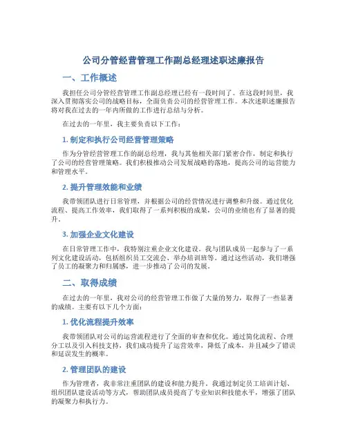公司分管经营管理工作副总经理述职述廉报告 (2)