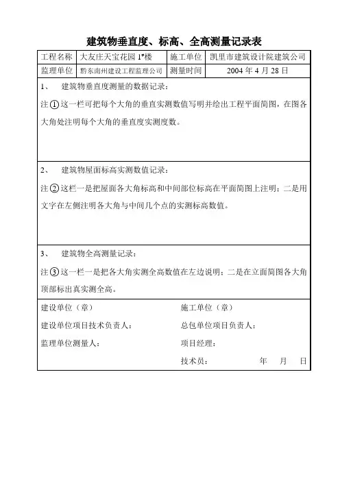 建筑物垂直度、标高、全高测量记录范表