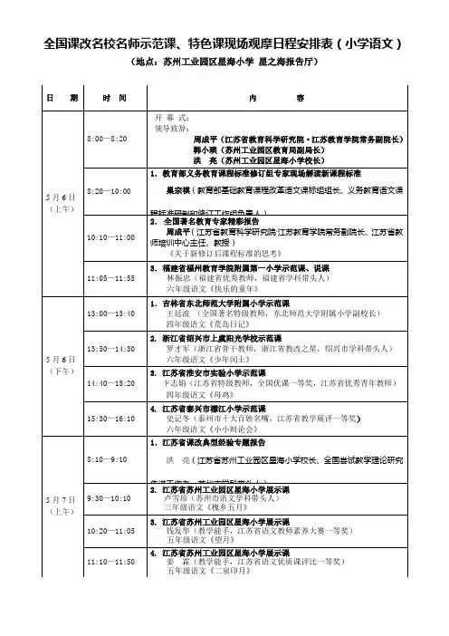 全国课改名校名师示范课、特色课现场观摩日程安排表(小学语