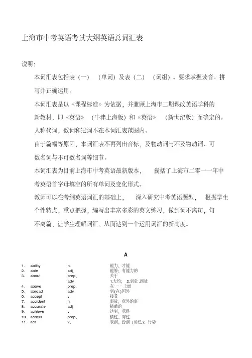 2018上海中考大纲词汇表-2018年2月更新名师制作优质教学资料