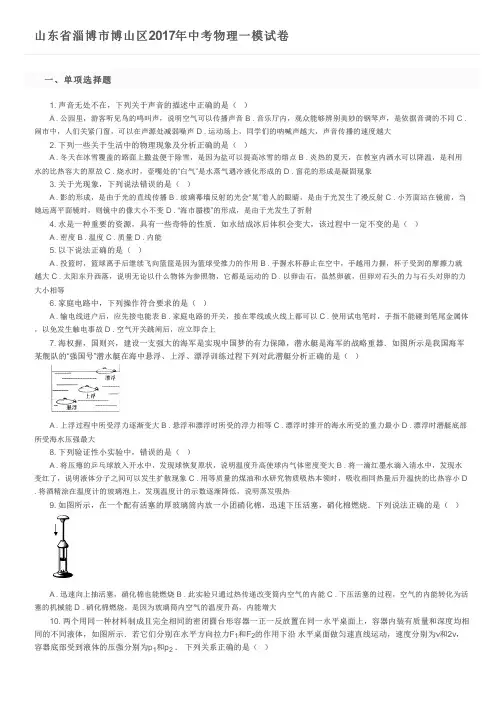 山东省淄博市博山区2017年中考物理一模试卷 及参考答案