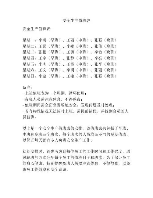安全生产值班表