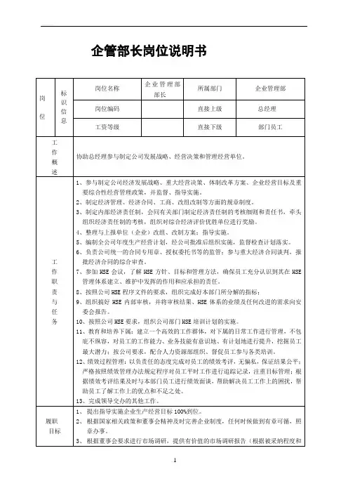 企管部部长岗位说明书
