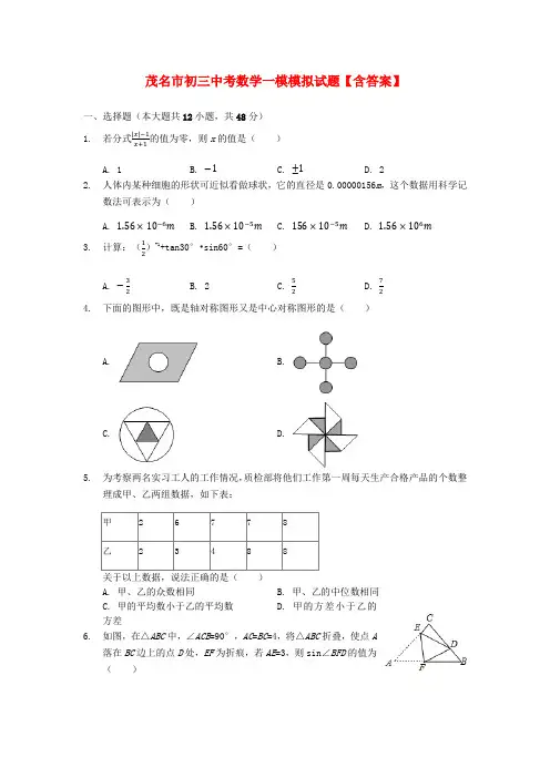 茂名市初三中考数学一模模拟试题【含答案】