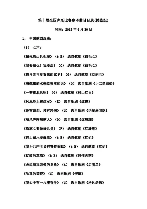 第十届全国声乐比赛中国歌曲参考曲目(民族组)