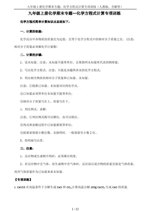 九年级上册化学期末专题：化学方程式计算专项训练(人教版,含解答)