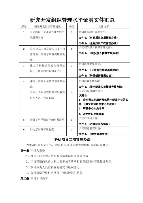 研究开发组织管理水平证明材料