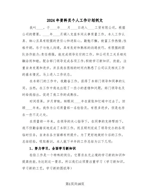 2024年资料员个人工作计划例文（5篇）