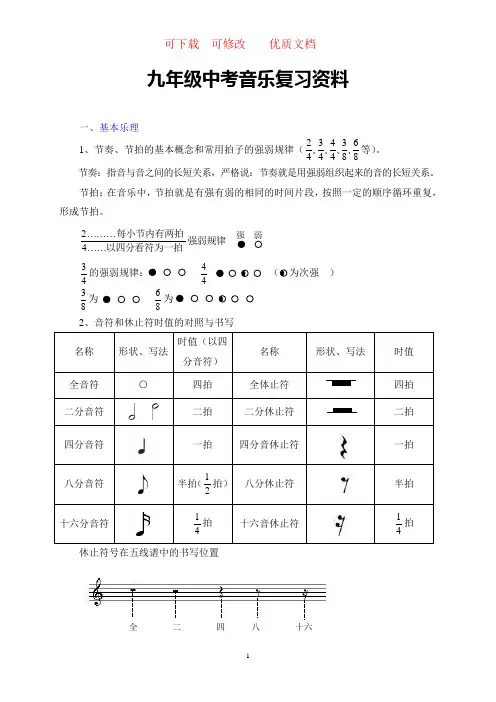 九年级中考音乐复习资料  可下载  可修改    优质文档
