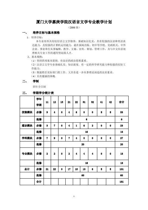 厦门大学嘉庚学院汉语言文学专业教学计划.