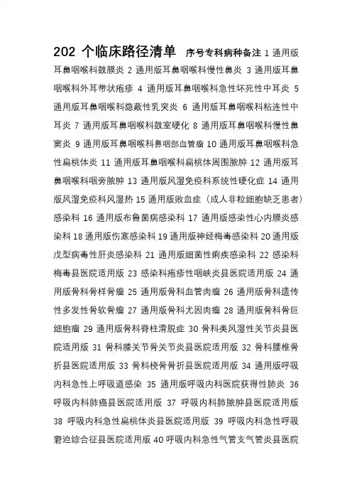 2017年新发布临床路径清单(1-202)