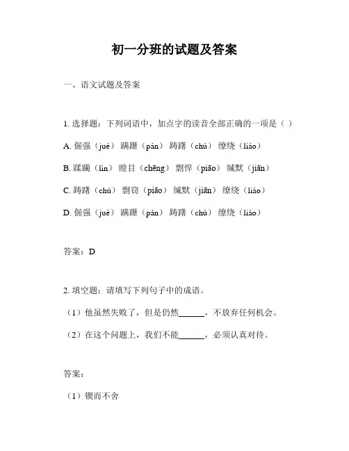 初一分班的试题及答案
