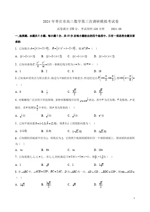 2024年枣庄市高三数学第三次调研模拟考试卷附答案解析