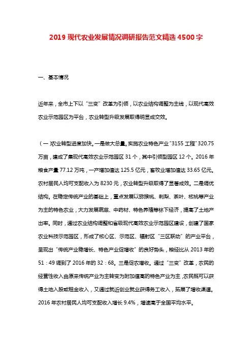 2019现代农业发展情况调研报告范文精选4500字