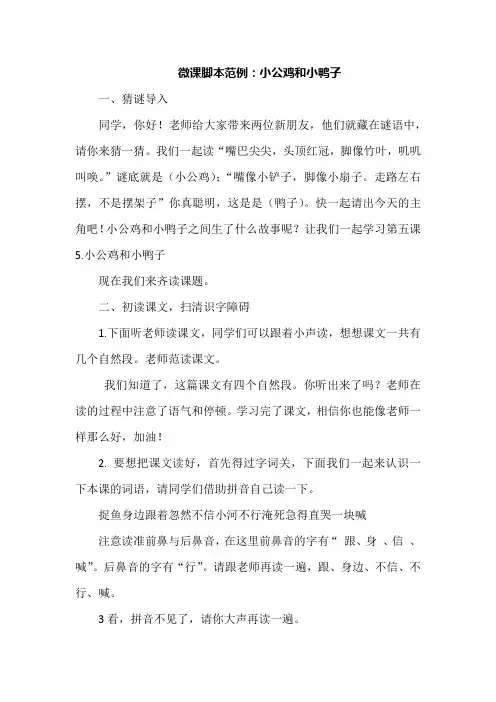 微课脚本范例：小公鸡和小鸭子