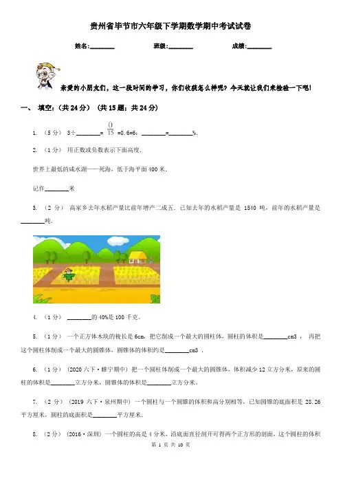 贵州省毕节市六年级下学期数学期中考试试卷