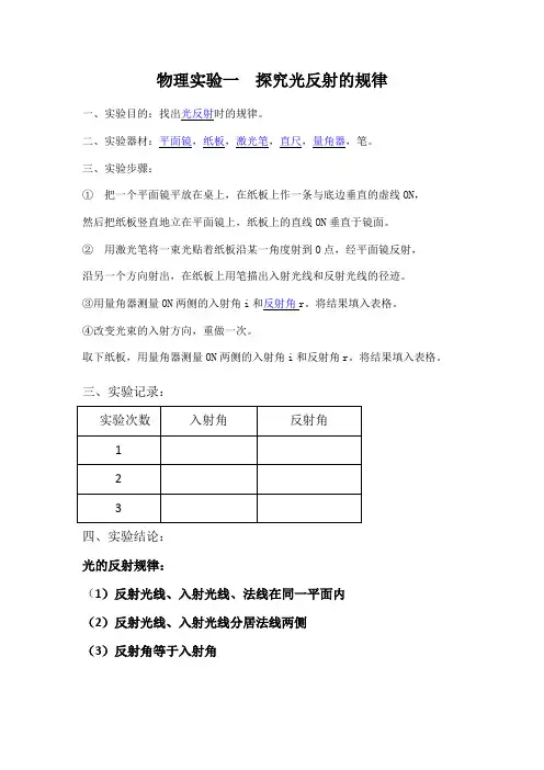 物理实验  探究光反射的规律、平面镜成像、凸透镜成像