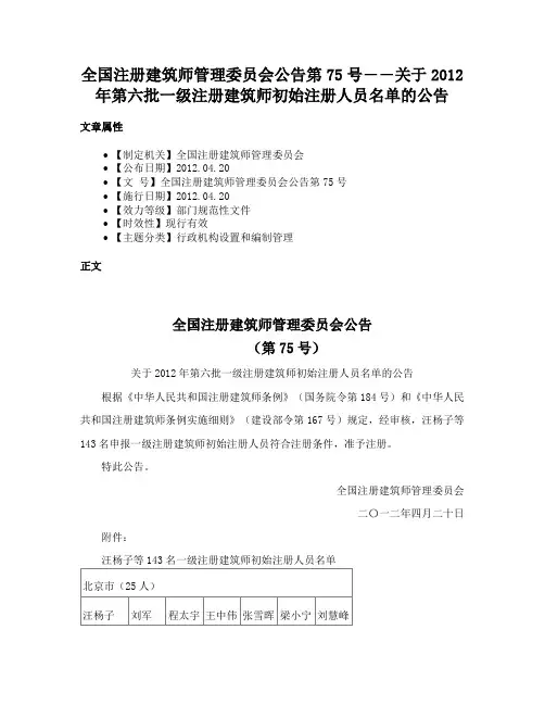 全国注册建筑师管理委员会公告第75号――关于2012年第六批一级注册建筑师初始注册人员名单的公告
