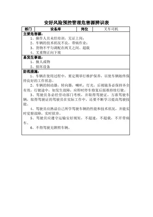 叉车危险源辨识表